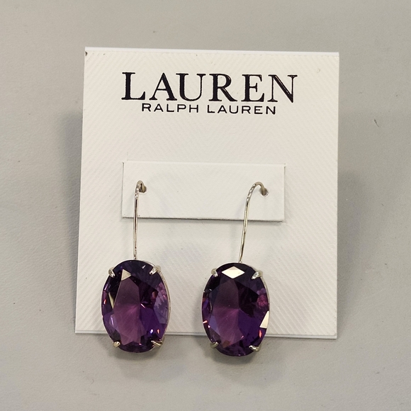 NWT Ralph Lauren Gold-Tone Purple Oval Stone Drop Earrings - Picture 1 of 3